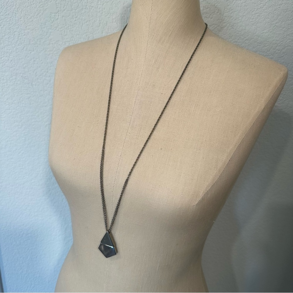LOFT Silver and Gold Geometric Shield Pendant Long Necklace - Minimalist Edgy